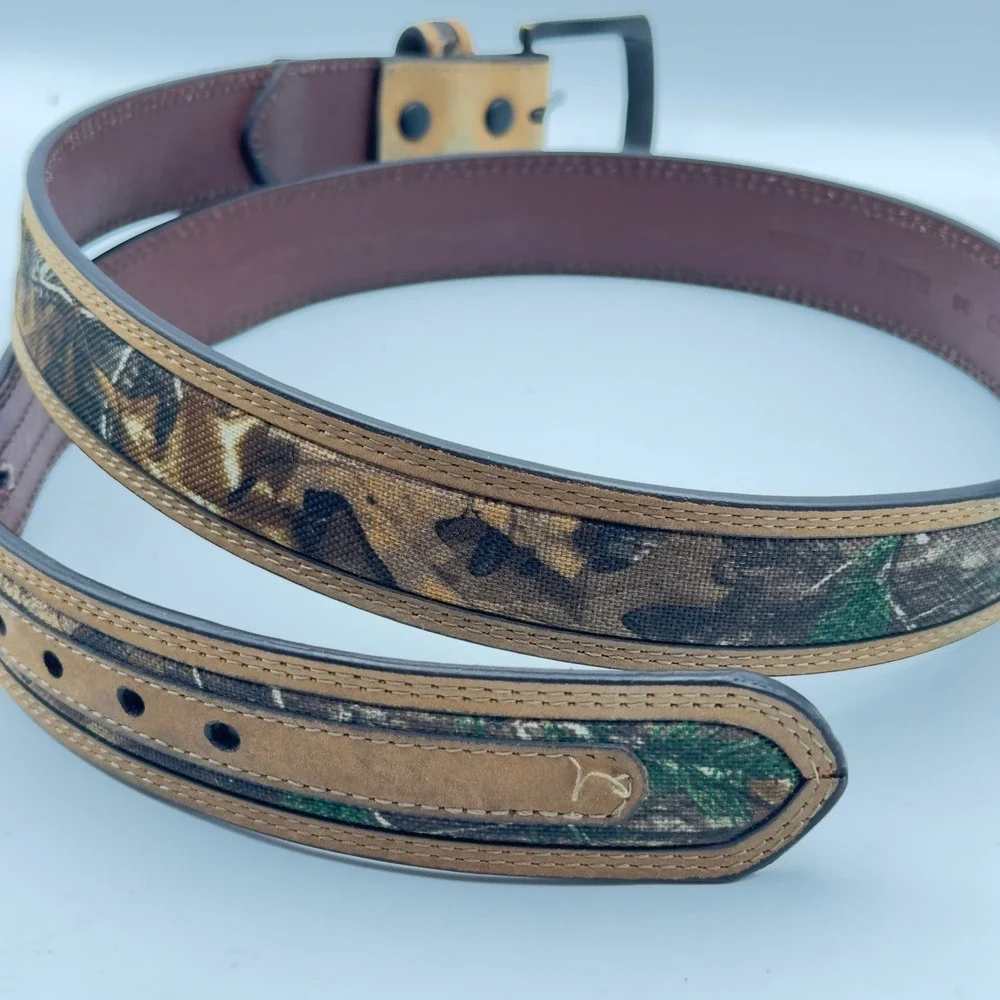 Mens Camouflage Canvas‎ Leather Lined Belt Size 38 Woodland Camo Brown EUC